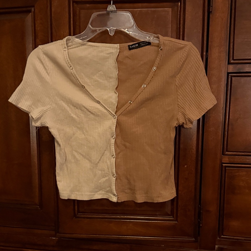 SHEIN Cream and Brown Button-Up Top